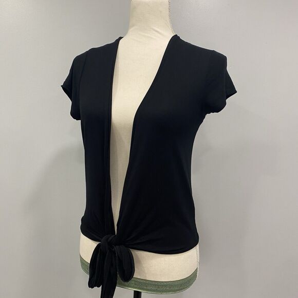 MAJESTIC PARIS L Black Super Washed Soft Touch Open Tie Front Short Sleeve Top 4 - Picture 6 of 12